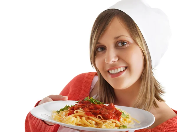 Cook vrouw met spaghetti — Stockfoto