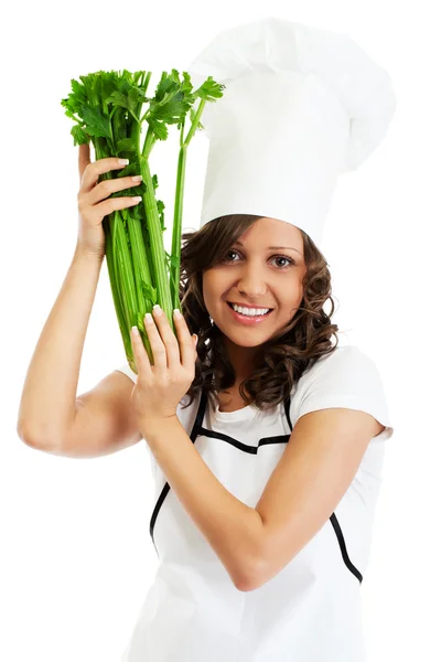 Chef woman holding celery — Stock Photo, Image