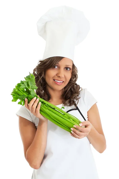 Chef woman holding celery — Stock Photo, Image