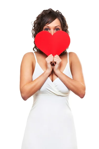 Young woman with red heart — Stock Photo, Image