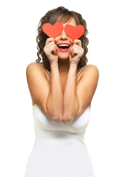 Woman holding red paper hearts — Stock Photo, Image