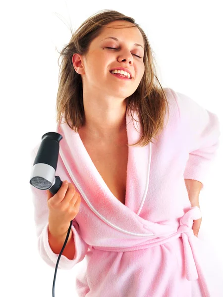 Mulher feliz com secador de cabelo — Fotografia de Stock