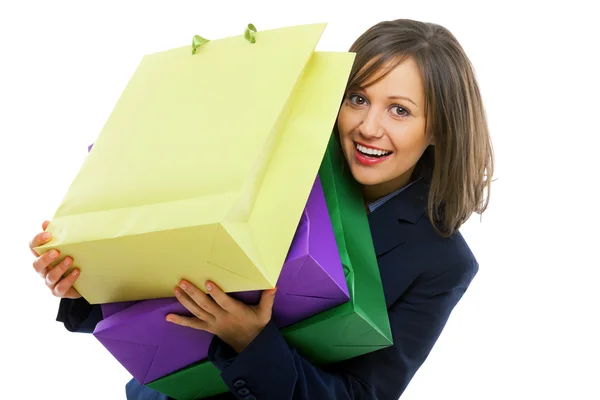 Joven empresaria con regalos — Foto de Stock