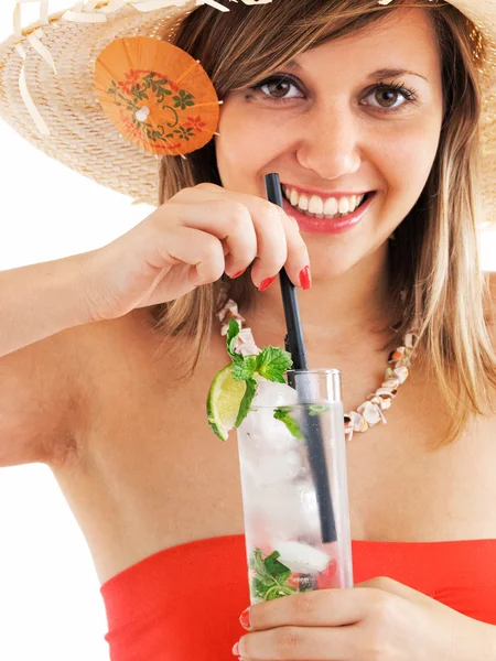 Woman with hat and cocktail — Stock Photo, Image