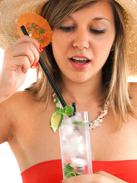 Woman with hat and cocktail — Stock Photo, Image