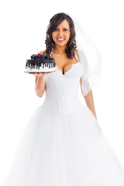 Giovane sposa mangiare torta — Foto Stock