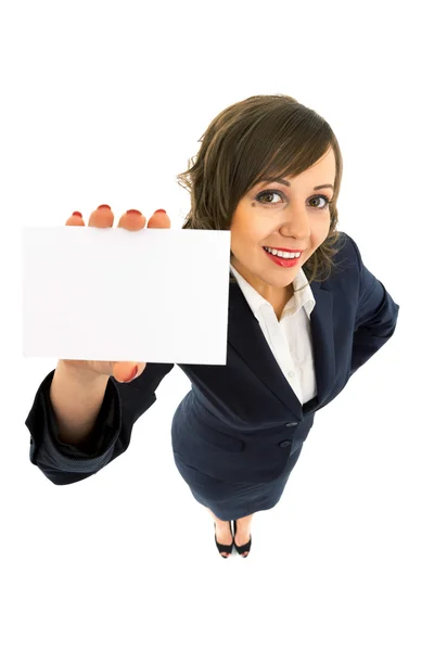 Businesswoman holding empty card — Stock Photo, Image
