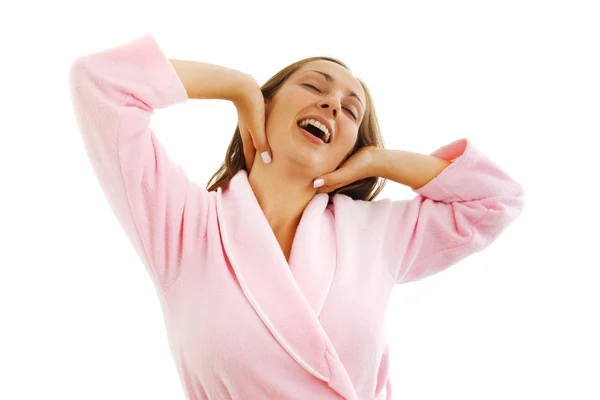 Mulher de camisa de noite acaba de acordar — Fotografia de Stock