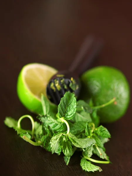 Muddler, foglie di menta e lime — Foto Stock