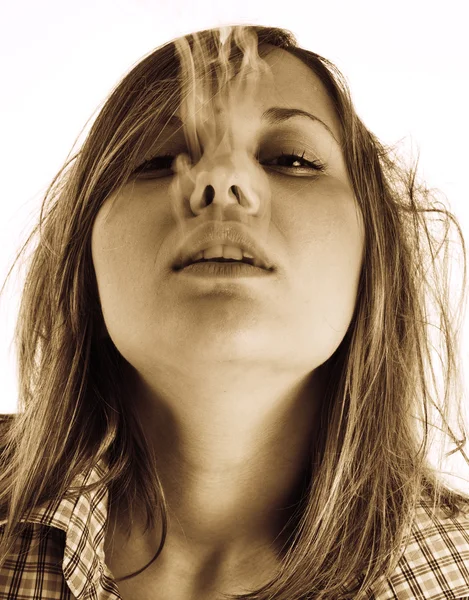 Girl smoking in her boyfriend's shirt — Stock Photo, Image