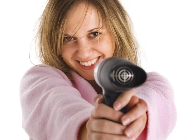 Young woman with hair dryer — Stock Photo, Image