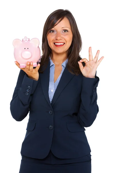 Affärskvinna håller gris Sparbössa — Stockfoto