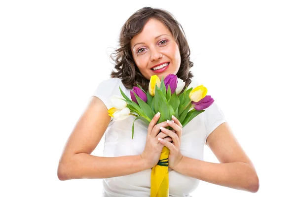Fiatal nő tulipánnal — Stock Fotó