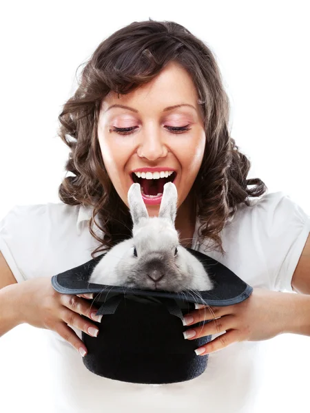 Woman Magician with rabbit — Stock Photo, Image