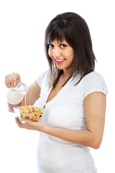 Femme mangeant des céréales petit déjeuner — Photo