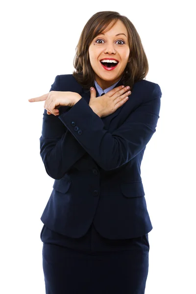 Mujer de negocios sonriente señalando — Foto de Stock