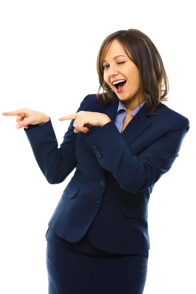 Feliz mujer de negocios señalando — Foto de Stock