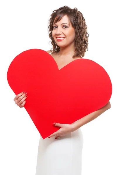 Žena s červeným papírem srdce — Stock fotografie