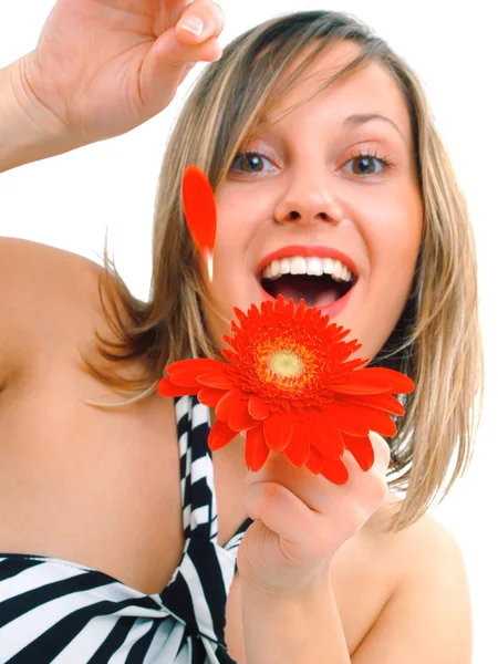 Šťastná žena s květinou — Stock fotografie