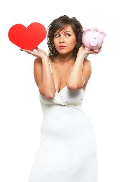 Woman chosing between love and money — Stock Photo, Image