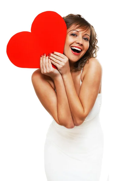 Young woman holding red heart — Stock Photo, Image