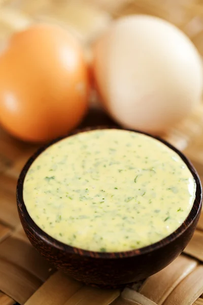 Homemade mayonnaise with eggs — Stock Photo, Image