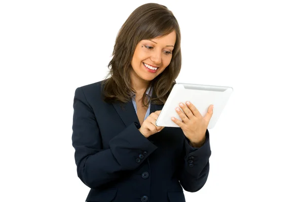 Businesswoman with tablet on white — Stock Photo, Image