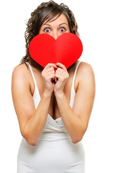 Woman holding red paper heart — Stock Photo, Image