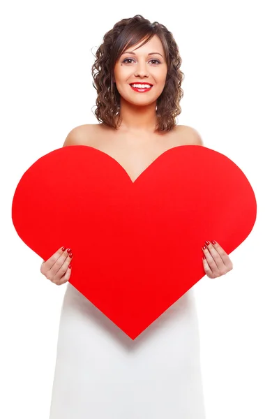 Young woman holding red paper heart — Stock Photo, Image