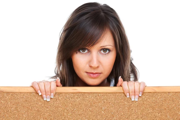 Young woman holding empty board — Stock Photo, Image