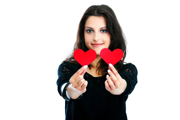 Young woman with red hearts — Stock Photo, Image