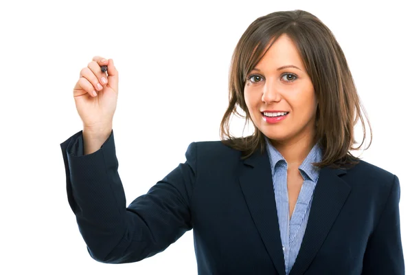 Businesswoman pointing with pen Stock Photo