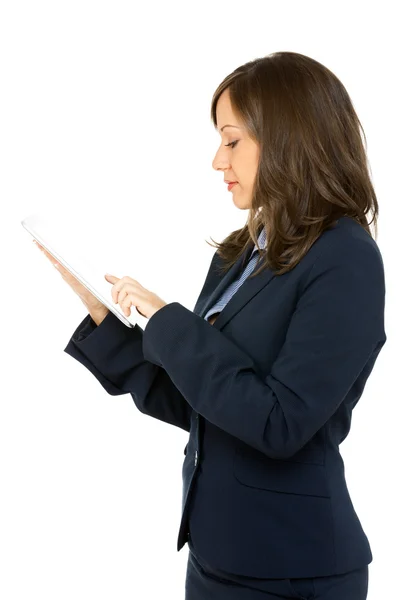 Businesswoman with tablet isolated on white — Stock Photo, Image