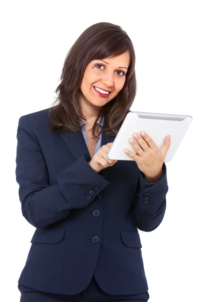 นักธุรกิจหญิงที่มีแท็บเล็ตบนสีขาว — ภาพถ่ายสต็อก
