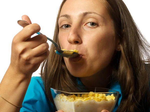 Γυναίκα που τρώει πρωινό με δημητριακά — Φωτογραφία Αρχείου