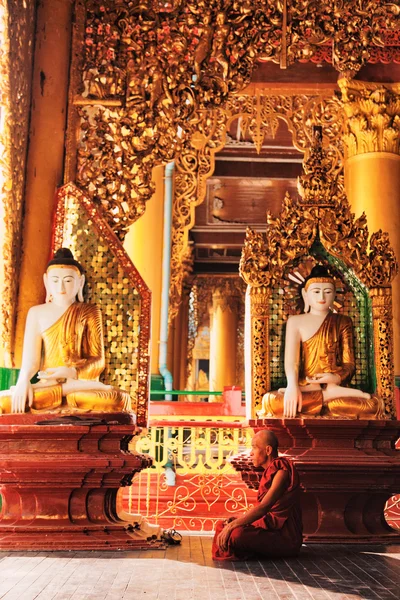 Monk praying inside Shwedagon Pagoda — Stock Photo, Image