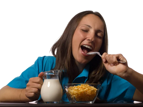 Girl ready to eat a healthy breakfast — Stock Photo, Image