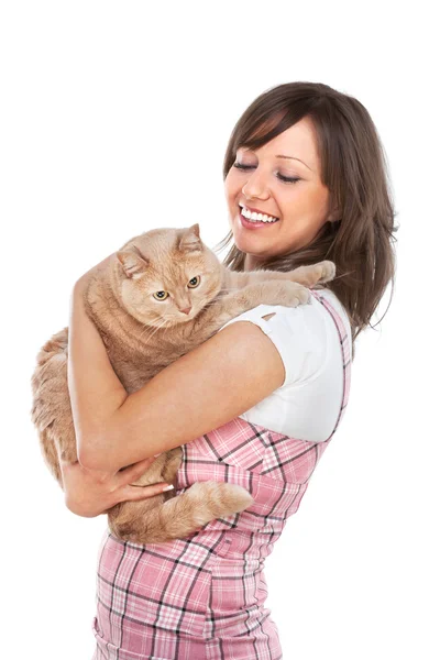 Kvinne med rødhåret katt – stockfoto