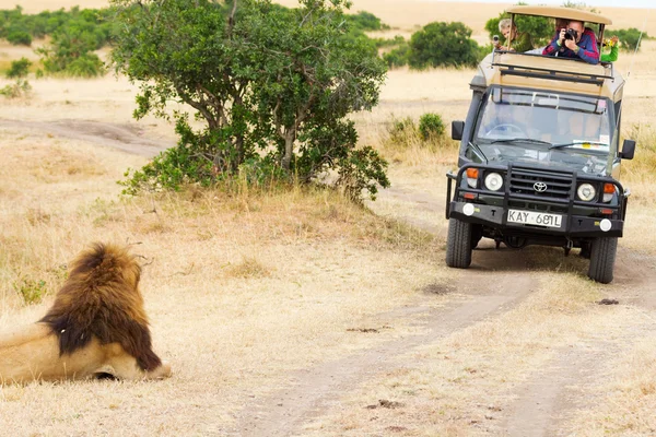 Tourists in a safari jeep — Stock Photo, Image