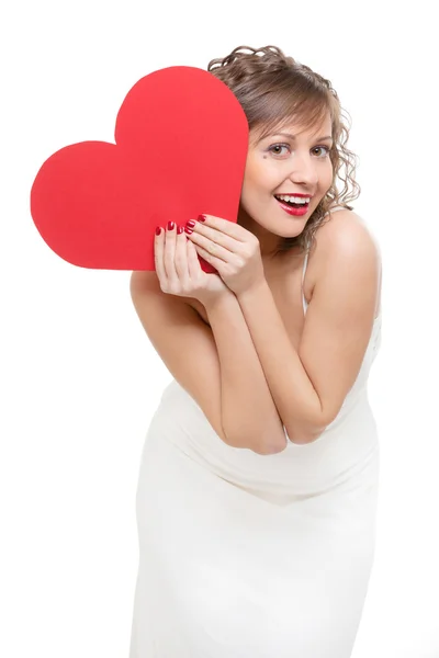 Woman holding red paper heart — Stock Photo, Image