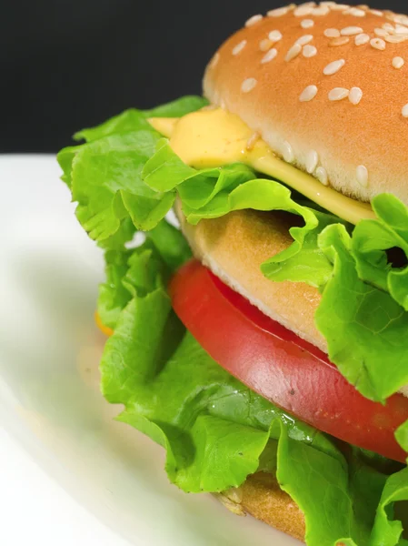 Hambúrguer com bife, queijo, tomate — Fotografia de Stock