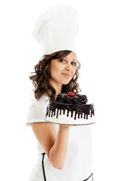 Chef with chocolate cake — Stock Photo, Image