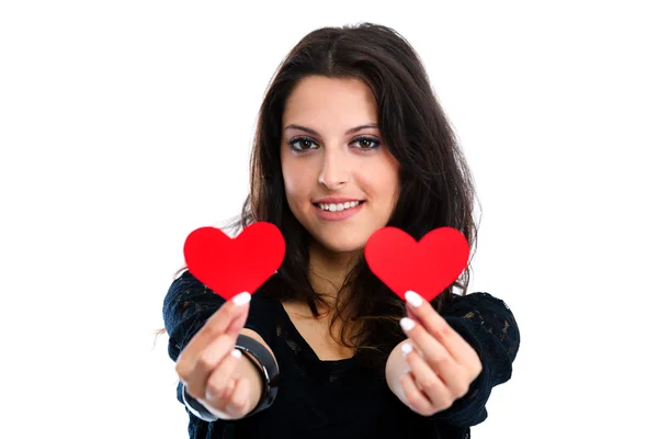 Young woman with red hearts — Stock Photo, Image