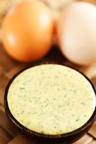 Homemade mayonnaise with fresh eggs — Stock Photo, Image