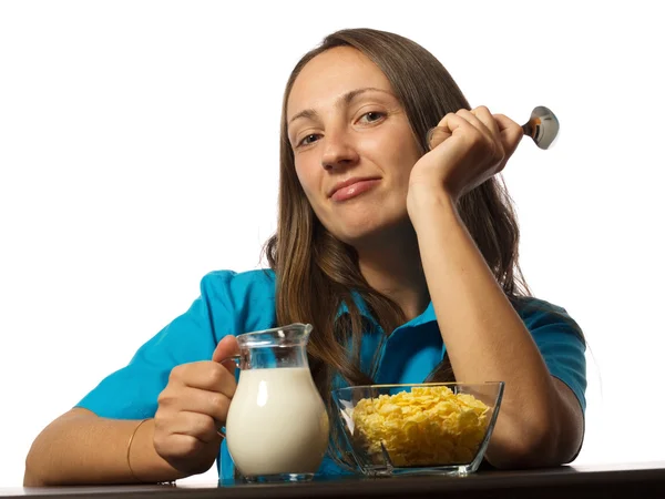 Woman eating cereal breakfast — Stock Photo, Image