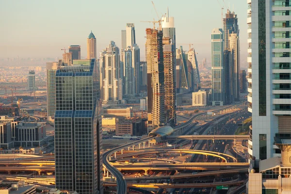 View of Dubai skyline at sunrise — Stock Photo, Image