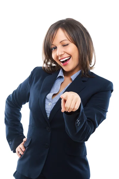 Affärskvinna pekar och blinka — Stockfoto