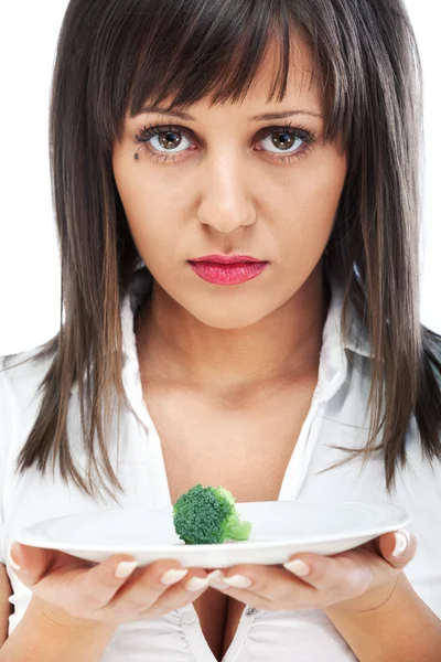 Vrouw ongelukkig voor gezond eten — Stockfoto