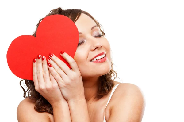 Woman holding red paper heart — Stock Photo, Image