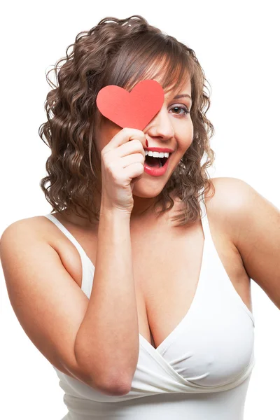 Woman holding red paper heart — Stock Photo, Image